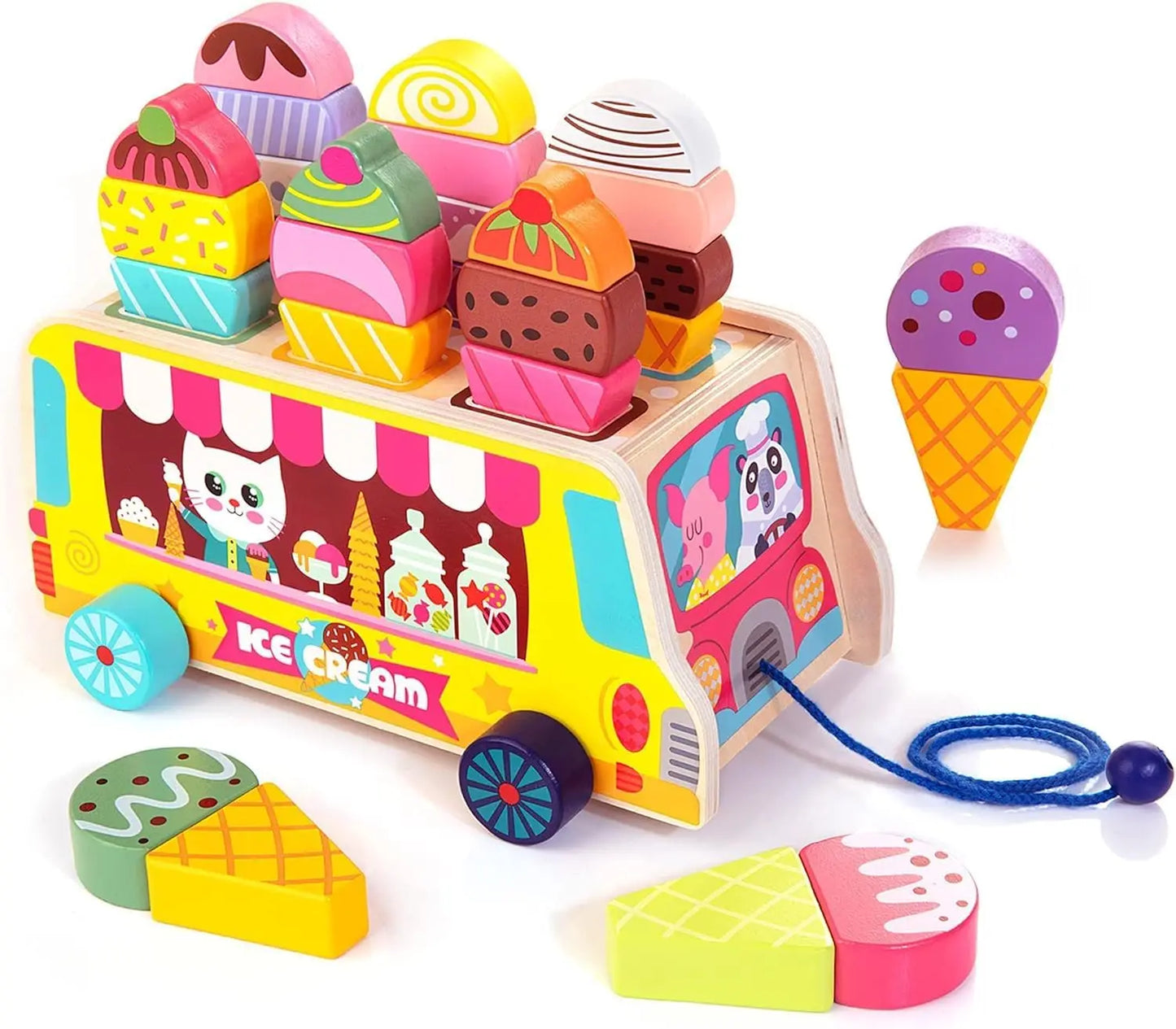 28-Piece set features a wooden ice cream truck