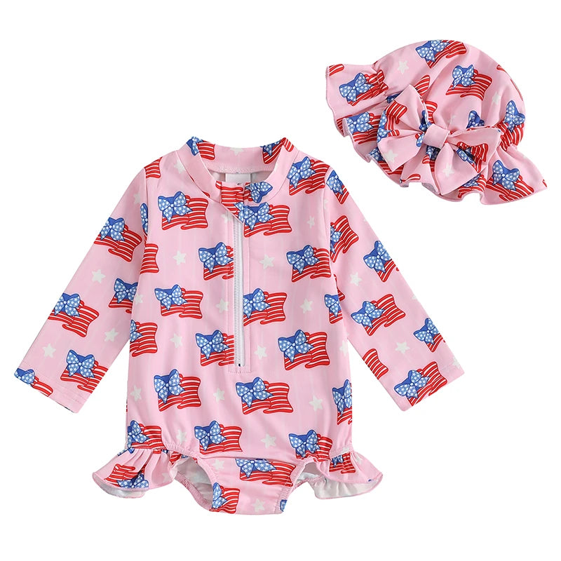 Independence Day Printed Swimsuit with Ruffles and Swim Cap