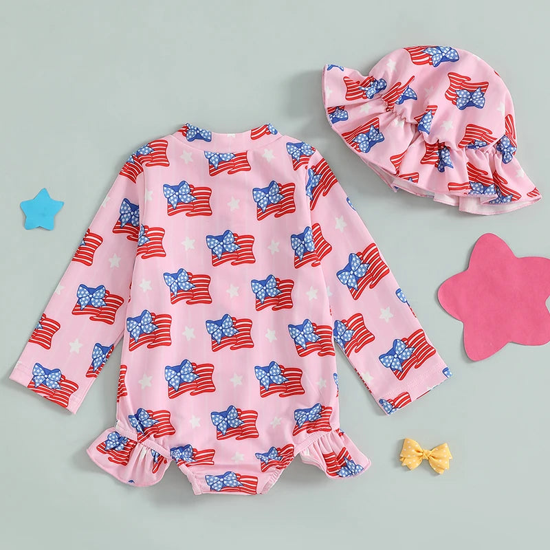Independence Day Printed Swimsuit with Ruffles and Swim Cap