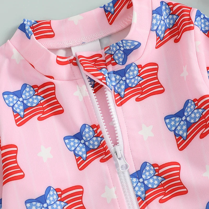 Independence Day Printed Swimsuit with Ruffles and Swim Cap