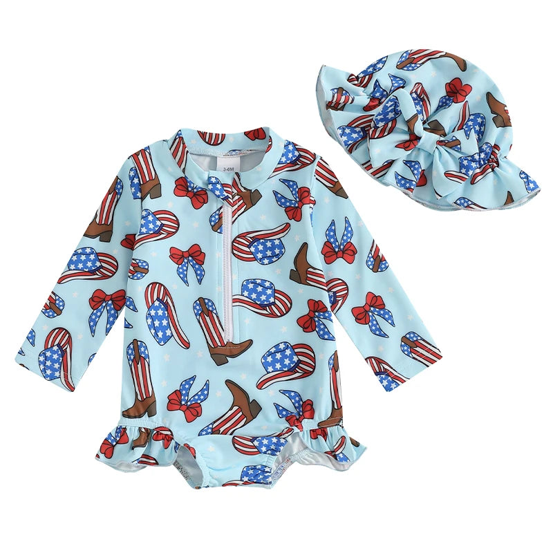 Independence Day Printed Swimsuit with Ruffles and Swim Cap