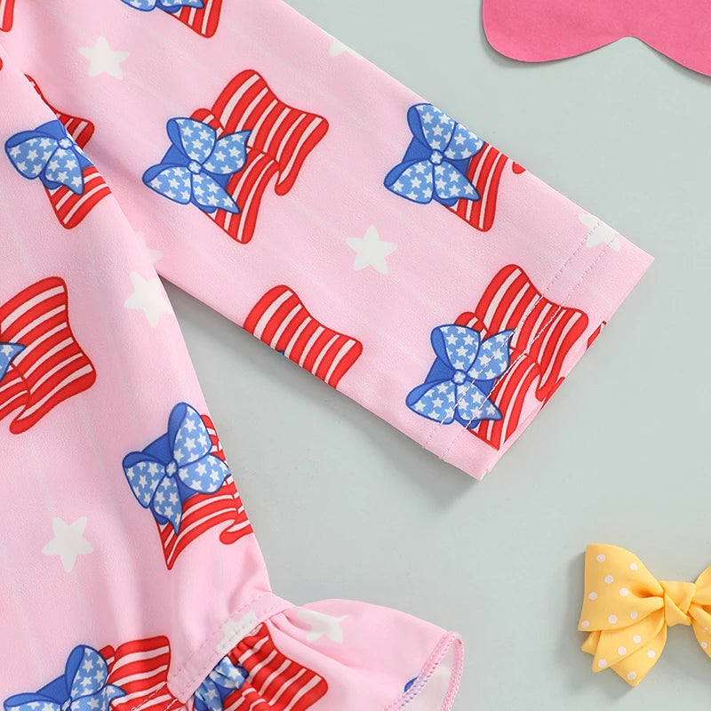 Independence Day Printed Swimsuit with Ruffles and Swim Cap