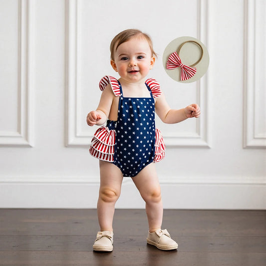 American Flag Romper with Ruffle Sleeve and Bow Headband Swimsuit Set