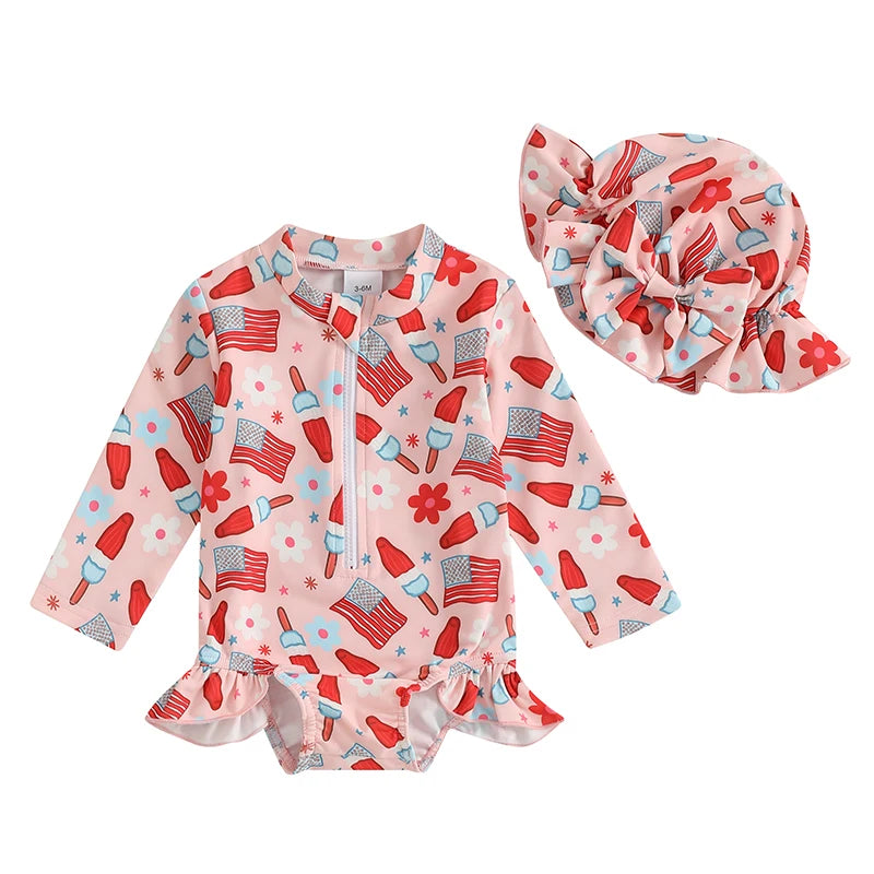 Independence Day Printed Swimsuit with Ruffles and Swim Cap