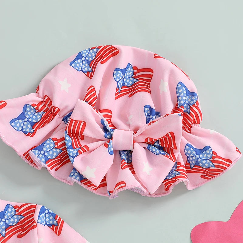 Independence Day Printed Swimsuit with Ruffles and Swim Cap