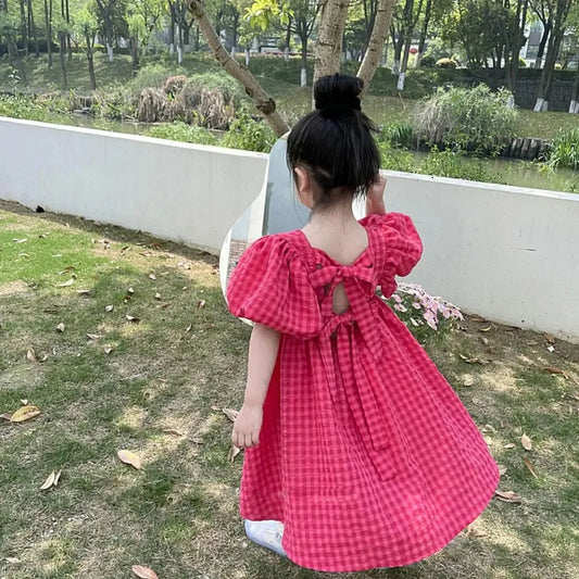 Rose Pink Plaid Bow Princess Dress