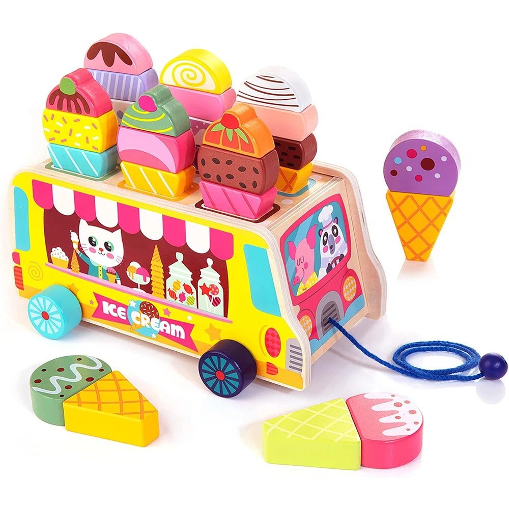 28-Piece set features a wooden ice cream truck