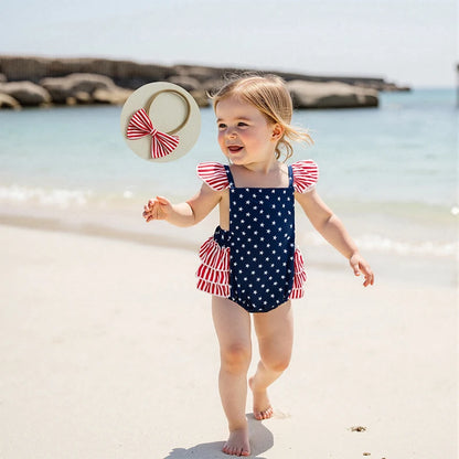 American Flag Romper with Ruffle Sleeve and Bow Headband Swimsuit Set