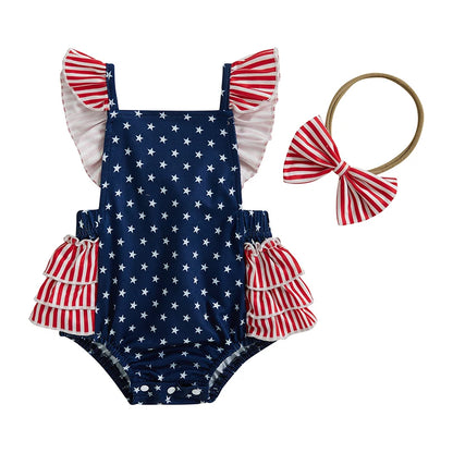 American Flag Romper with Ruffle Sleeve and Bow Headband Swimsuit Set