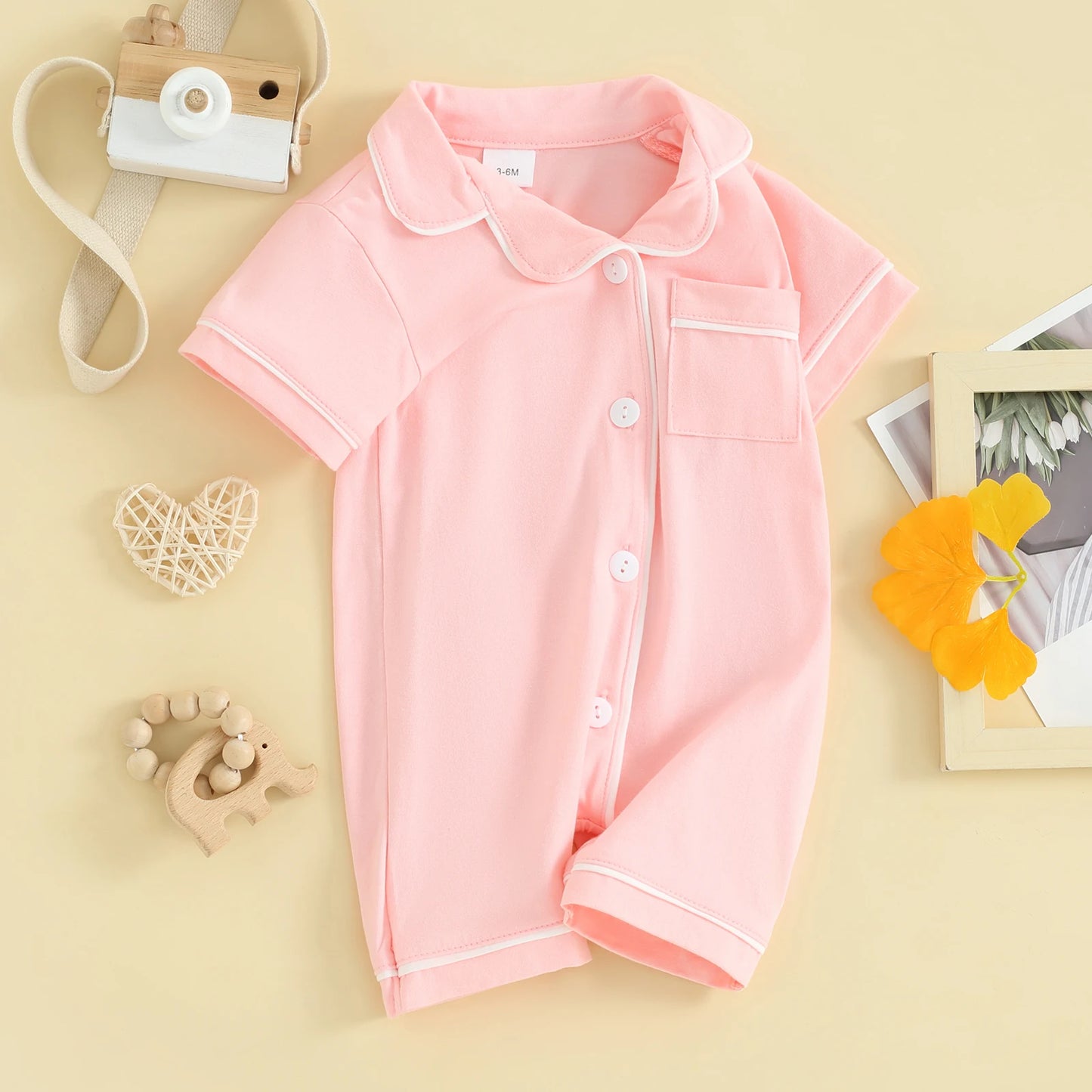 Short Sleeve  Romper Pajamas with Neck Buttons