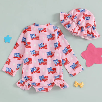 Independence Day Printed Swimsuit  with Ruffles and Swim Cap