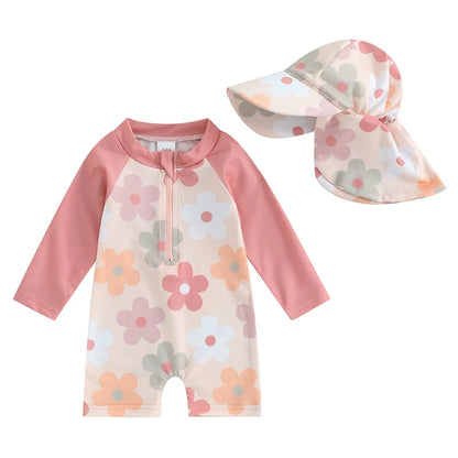 Long Sleeve Printed  Swimwear with Swim Hat