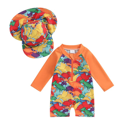 Long Sleeve Printed  Swimwear with Swim Hat