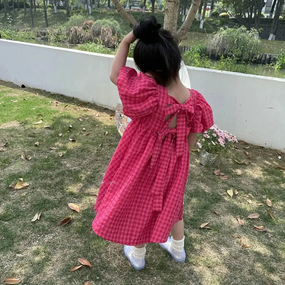 Rose Pink Plaid Bow Princess Dress