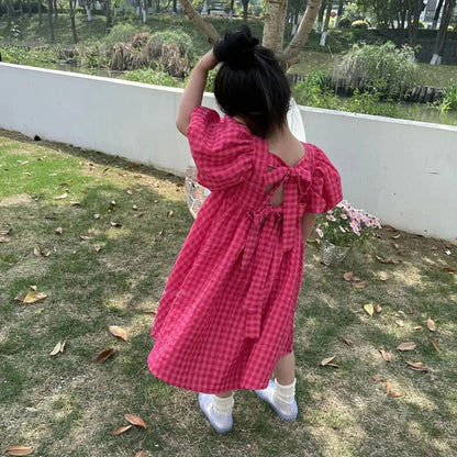 Rose Pink Plaid Bow Princess Dress