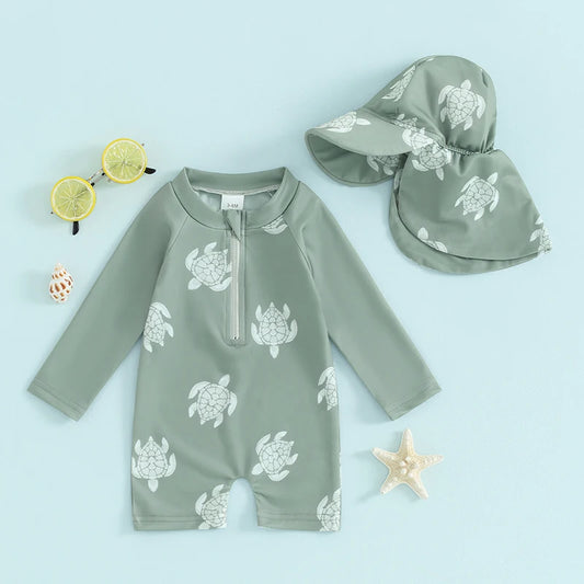 Long Sleeve Printed  Swimwear with Swim Hat