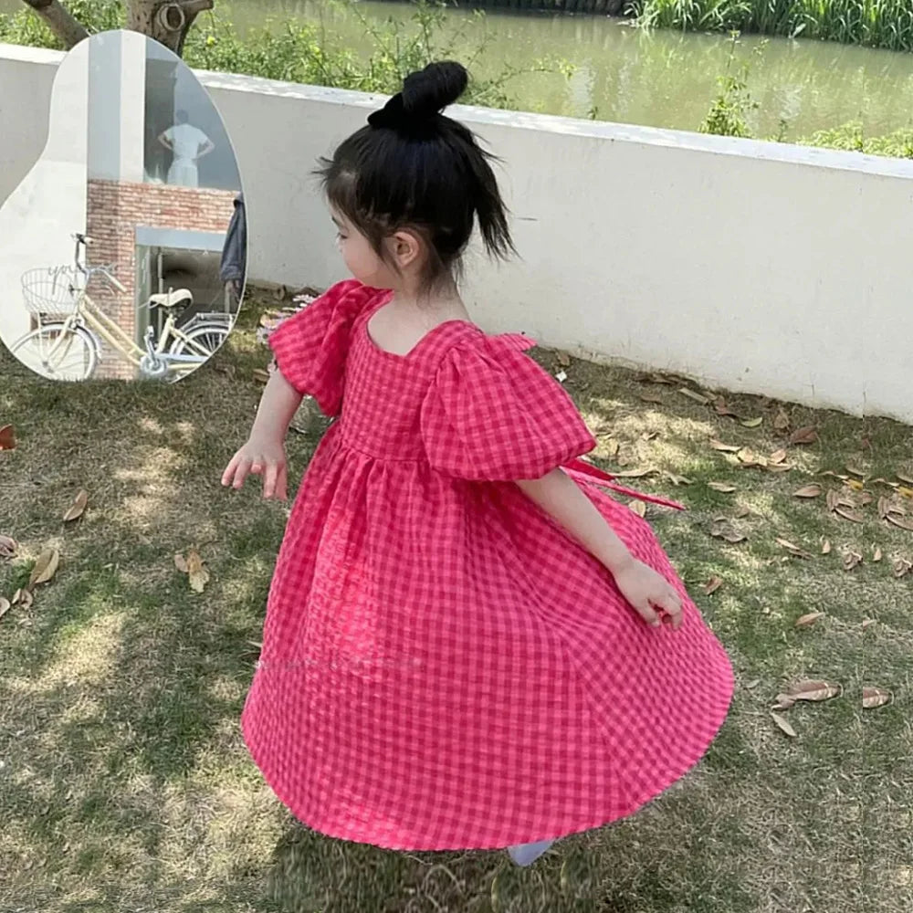 Rose Pink Plaid Bow Princess Dress