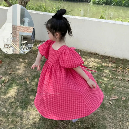 Rose Pink Plaid Bow Princess Dress