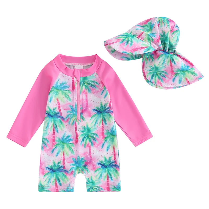 Long Sleeve Printed  Swimwear with Swim Hat