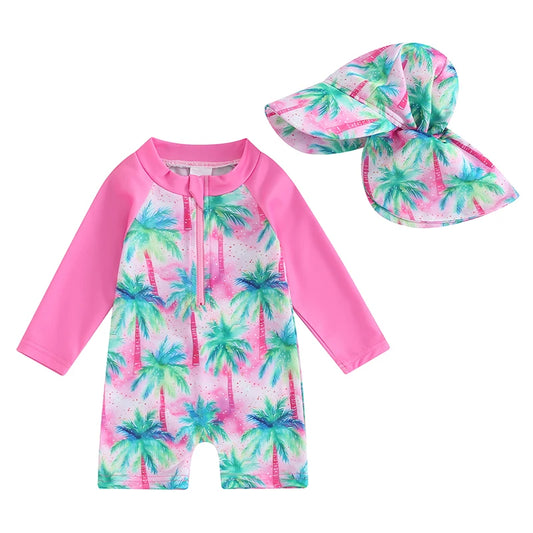 Long Sleeve Printed  Swimwear with Swim Hat