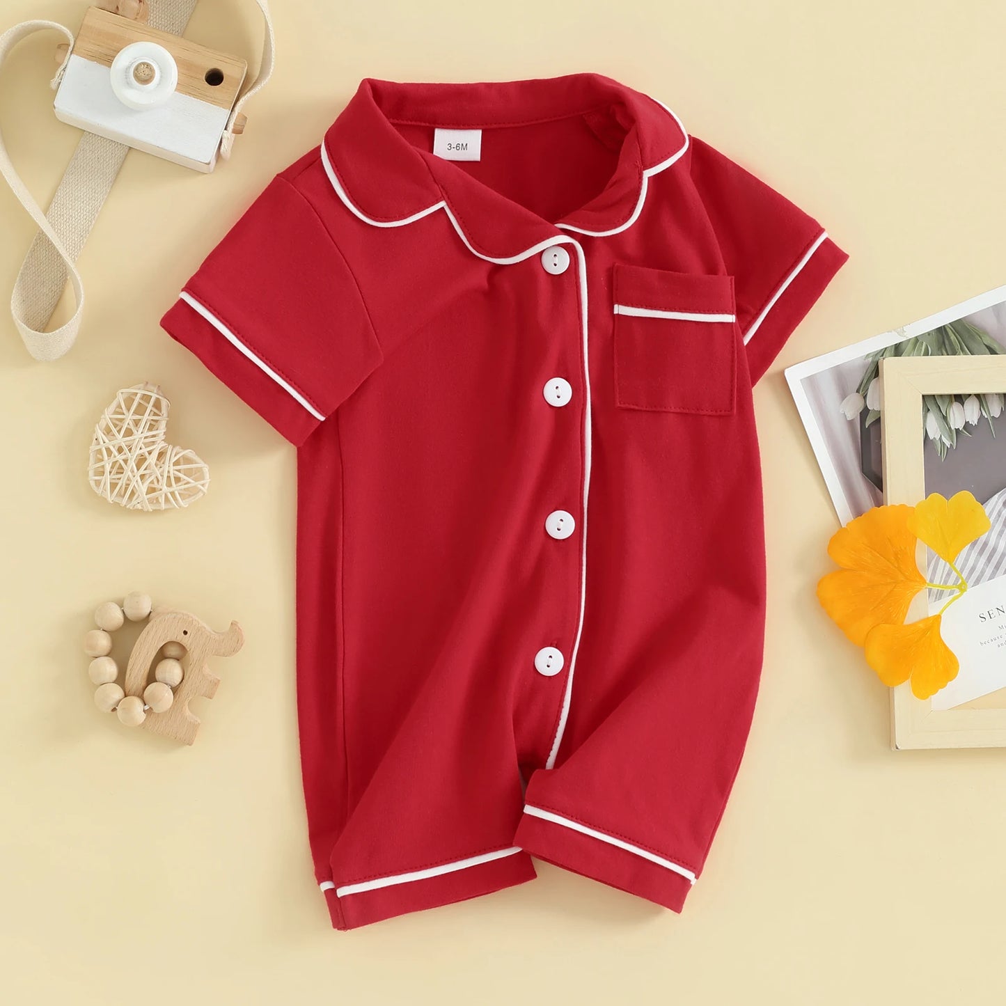 Short Sleeve  Romper Pajamas with Neck Buttons