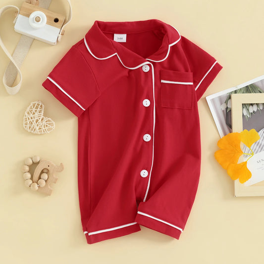 Short Sleeve  Romper Pajamas with Neck Buttons