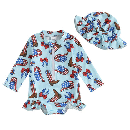 Independence Day Printed Swimsuit  with Ruffles and Swim Cap