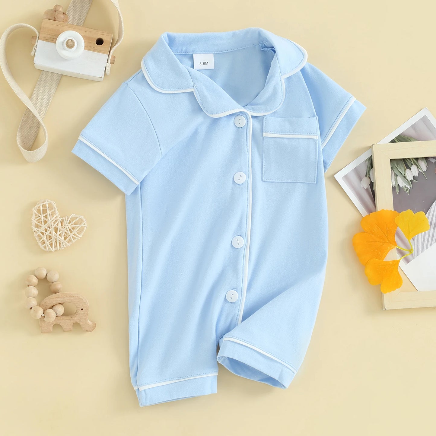 Short Sleeve  Romper Pajamas with Neck Buttons