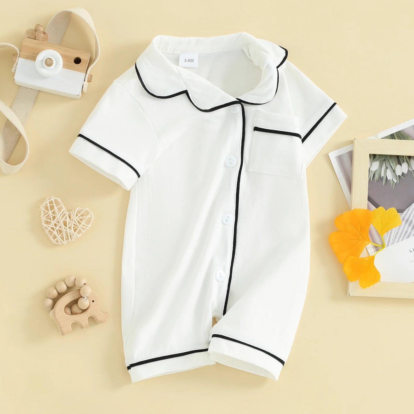 Short Sleeve  Romper Pajamas with Neck Buttons