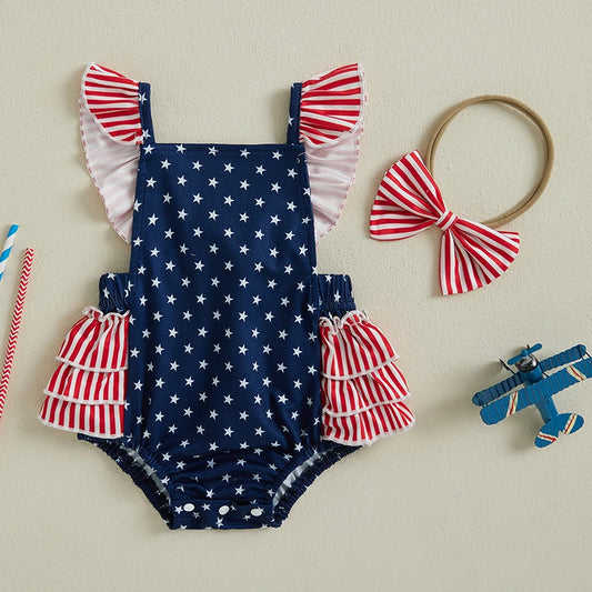 American Flag Romper with Ruffle Sleeve and Bow Headband Swimsuit Set