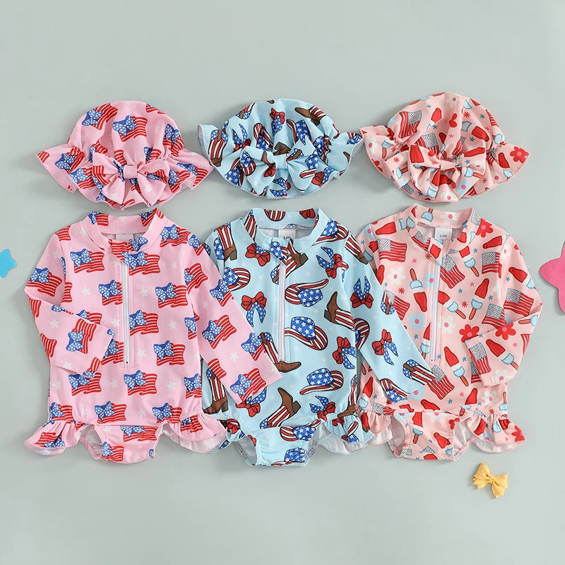 Independence Day Printed Swimsuit  with Ruffles and Swim Cap