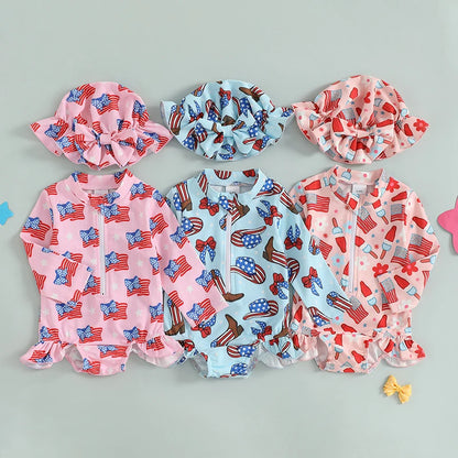Independence Day Printed Swimsuit  with Ruffles and Swim Cap