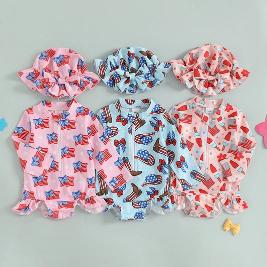 Independence Day Printed Swimsuit  with Ruffles and Swim Cap