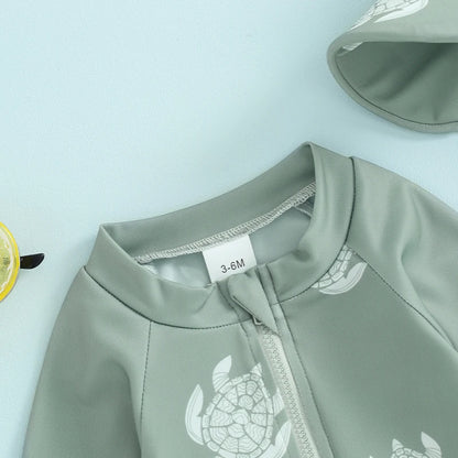 Long Sleeve Printed  Swimwear with Swim Hat