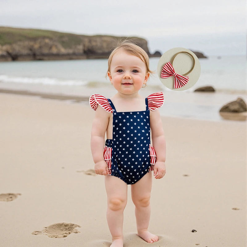 American Flag Romper with Ruffle Sleeve and Bow Headband Swimsuit Set