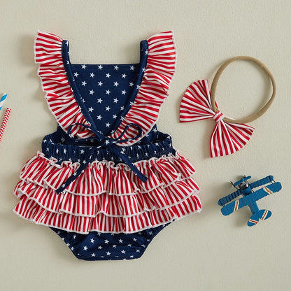 American Flag Romper with Ruffle Sleeve and Bow Headband Swimsuit Set