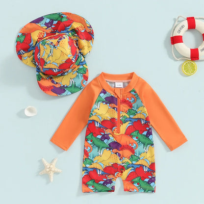 Long Sleeve Printed  Swimwear with Swim Hat