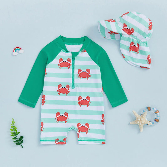 2-Piece Long Sleeve Crab Swimwear & Hat