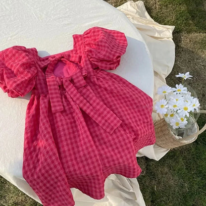 Rose Pink Plaid Bow Princess Dress