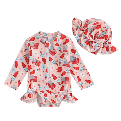 Independence Day Printed Swimsuit  with Ruffles and Swim Cap
