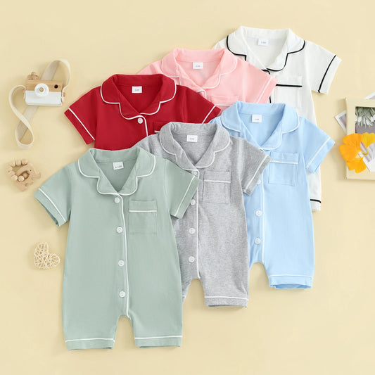 Short Sleeve  Romper Pajamas with Neck Buttons