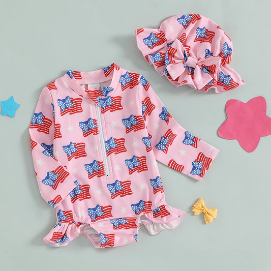Independence Day Printed Swimsuit  with Ruffles and Swim Cap